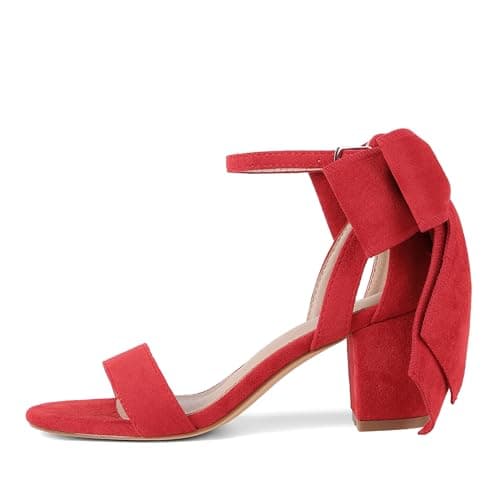 Yremael Women's Heeled Sandals Red Bow Round Open Toe Buckle Chunky Block Heel Comfortable Wedding Dress Shoes - Image 1