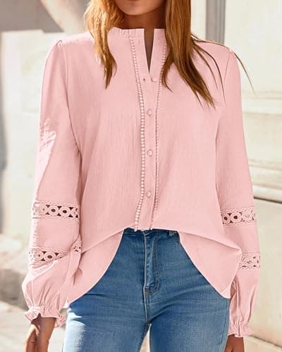 KIRUNDO Going Out Tops for Women 2026 Spring Fashion Boho Cotton Eyelet Long Sleeve Button Up Shirt Lace Dressy Casual Blouse(Light Pink, XX-Large) - Thumbnail 3