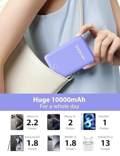miisso 10000mAh Compatible with iPhone 15/16/17 and Android, Slim Portable Charger with Built in Cable, Power Bank Travel Charger External Battery Pack for Phone, 3 Output USB Type C Cord, Purple - Thumbnail 3