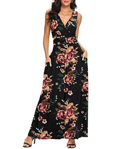 LILBETTER Women's Sleeveless Casual Loose Pocket Maxi Party Long Dresses with Pockets(F Brown Floral Black,X-Large) - Thumbnail 3