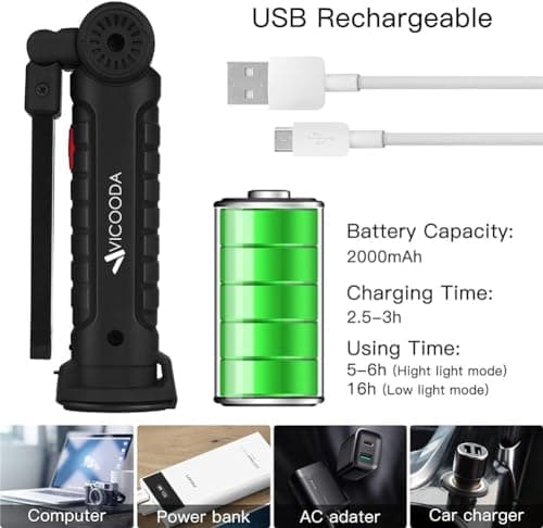 VICOODA LED Rechargeable Work Light with Magnetic Base Hanging Hook, 360° Rotate 5 Modes, Mechanic Flashlight for Car Repair, Grill, Outdoor, Emergency, Tight Spaces - Tool Gifts for Men (4 Pack) - Thumbnail 5