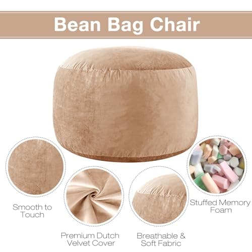 EDUJIN Large Bean Bag Chair, Memory Foam Bean Bag Chairs for Adults with Filler Included, Ultra Soft Dutch Velvet Fabric, Bean Bag for Living Room - 3 Foot, Camel - Thumbnail 4