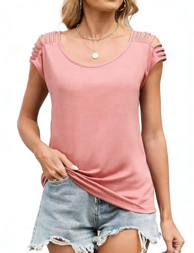 JUSTFASHIONNOW Womens Off The Shoulder Shirts Cap Sleeve Tops Cute Summer Blouses Trendy Casual Loose Fit T Shirt Going Out Tops (Pink,Medium) - Thumbnail 5