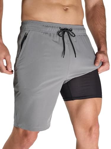 Arcweg Men's Swim Trunks with Compression Liner and Zipper Pockets Grey Quick Dry Large Bathing Suit Board Swimming Shorts - Image 1