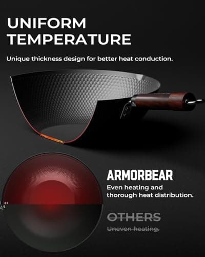 Armorbear Carbon Steel Wok Pan, Tripole Nitrided Pre-Seasoned Flat Bottom Woks & Stir-Fry Pans Nonstick, Chinese Wok with Glass Lid for All Stovetops, Gift for Chef - 11.8 Inch - Thumbnail 5