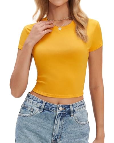 Stelle Womens Short Sleeve Crop Tops Crewneck Basic T Shirts Cute Going Out Baby Tee Yellow X-Large - Image 1