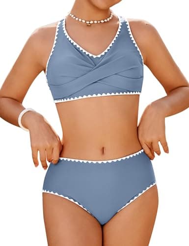 HOZIY Girls Swimwear Kids Contrast Trim Crisscross Bikini Sets Juniors Adjustable Straps Swimsuits Tween V-Neck Bathing Suit Blue Size 9-10 - Image 1