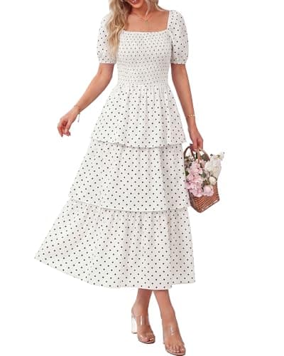 BTFBM Womens Square Neck Smocked Dress Summer Puff Short Sleeve Floral Casual Ruffle Tiered Maxi Wedding Guest Dresses(Dot White Black, Small) - Image 1