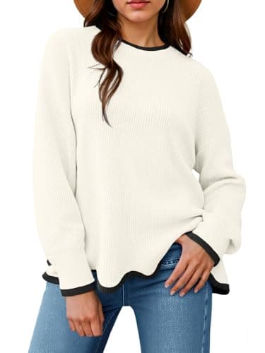 Saodimallsu Womens White Sweaters Crewneck Color Contrast Long Sleeve Pullover with Wave Hem Cute Knit Jumper Trendy - Image 1