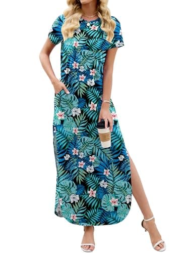 Heymoments Womens Summer Maxi Dress Floral Print Small Short Sleeve Casual Loose Fitted Long T Shirt Ladies Flowy Dresses Split Cute Vacation Party Beach Travel Elegant Sundress with Pockets - Image 1