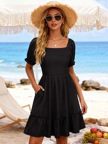 Berydress Black Dresses for Women 2026 Summer Boho Beach Vacation Clothes Square Neck Babydoll Short Sleeve Mini Sun Dress with Pockets(M,6295-Black) - Thumbnail 3