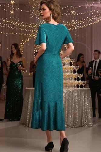 Autumn Flowerwall Women Plus Size Wedding Guest Dress Sparkle Lake Blue XL Lustrous Knit V Neck Flutter Sleeve Cocktail Dress A-Line Plus Size Bridesmaid Dresses for Wedding Guest - Thumbnail 3