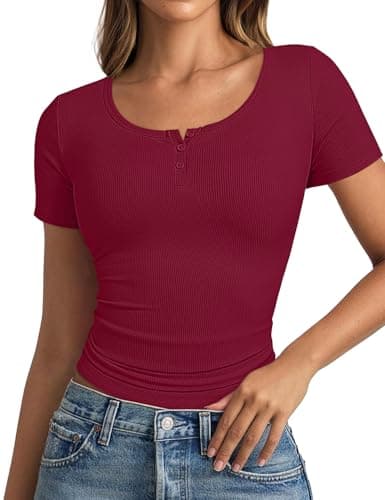 Short Sleeve Tops for Women Henley T Shirts Stretchy Ribbed Summer Tops Ribbed Knit Fitted Basic Slim Fitted Casual Top T-Shirt 2026 Red M - Thumbnail 2