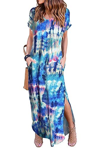 Arolina Women Summer Maxi Dress Short Sleeve V Neck Casual Loose Long Split Dresses Beach Vacation Sundress with Pockets Floral Blue - Image 1