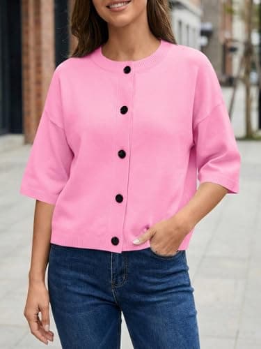 Saodimallsu Womens Short Sleeve Cardigan Sweaters Crew Neck Button Down Lightweight Casual Summer Knit Tops Pink - Thumbnail 4