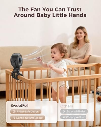 SWEETFULL Baby Stroller Fan - 4000mAh Rechargeable 4-Speed Quiet with LED Display & Night Light, Mini Portable 360° Clip On Safe Fan for Car Seat, Crib, Travel - Black - Thumbnail 2