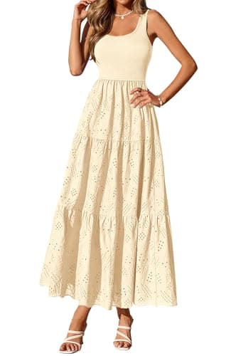 BTFBM Women Summer Eyelet Midi Dresses Casual Spring 2026 Sleeveless A Line Flowy Vacation Beach Wedding Guest Sun Dress(Apricot, X-Large) - Image 1