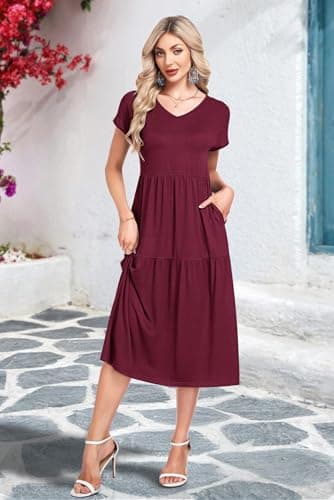 WNEEDU Summer Dresses for Women 2026 Sundress Spring Casual Dresses Beach Vacation Clothes Wedding Guest Dress Casual Sundresses Swing Tiered Slimming,Wine Red,L - Thumbnail 2