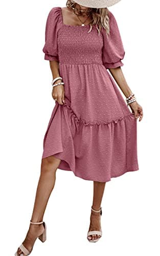 PRETTYGARDEN Women's Summer Casual Midi Dresses 2025 Spring Puff Sleeve Square Neck A-line Flowy Boho Smocked Beah Vacation Dress (Pink,L) - Image 1
