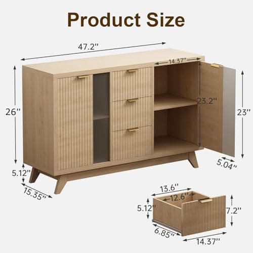 GlouMod Fluted Sideboard Buffet Cabinet with Storage, 47" Modern Mid Century Coffee Bar Storage Cabinet with Doors and Drawers, Narural Oak - Thumbnail 2