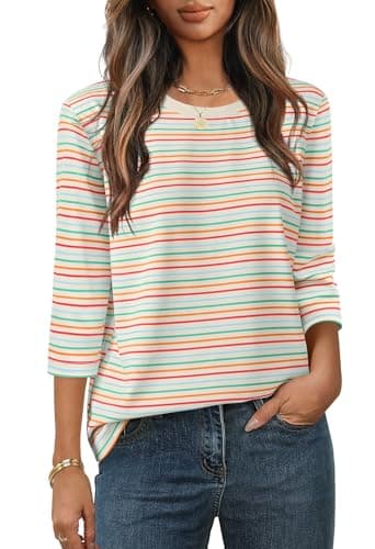 MEROKEETY Women's 2025 Casual 3/4 Sleeve Tops Blouse Crewneck Colorful Striped Fall Loose Shirt, White, Medium - Image 1