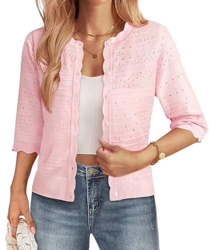 GRACE KARIN 3/4 Sleeve Cardigan Sweater for Women Summer Button Up Crochet Knit Cardigans Lightweight Shrugs Spring Outfits Pink - Image 1