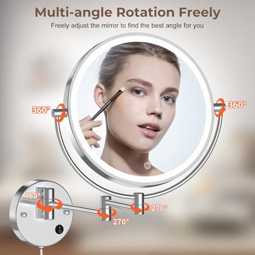 Rocollos 9" Plug-in Wall Mounted Lighted Makeup Mirror 1X/10X Magnification, Super Large Double Sided LED Vanity Mirror for Bathroom, 3 Color Dimmable 360°Swivel Extendable Shaving Cosmetic Mirror - Thumbnail 3