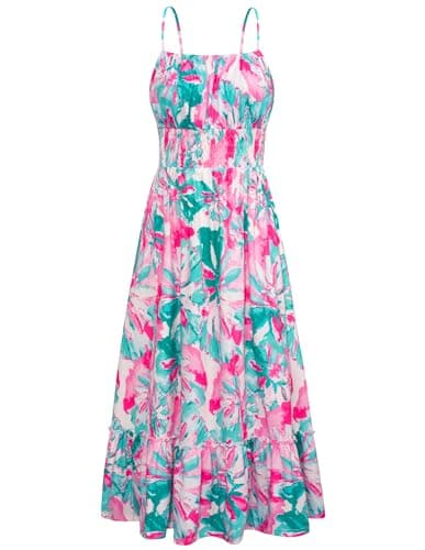 Women Dresses Summer Long Dress Spaghetti Strap Beach Square Neck Smocked Tiered A Line Maxi Dress with Pockets Green Pink Floral L - Image 1