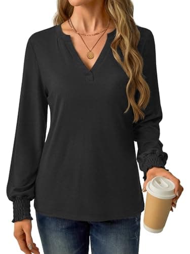 GKBK Womens Long Sleeve Shirts Fall Tops V Neck Business Dressy Casual Blouses with Smocked Cuffs Black - Thumbnail 3