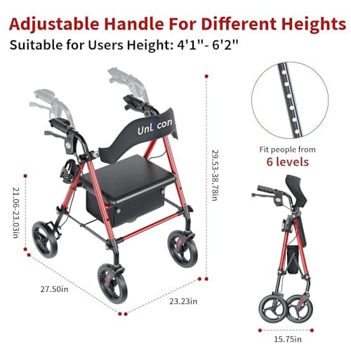 UNLICON Rollator Walkers with Seat, Rollator Walker with Durable, 8'' Big Wheels, 350 lb. Weight Capacity, Adjustable Handles and Seat Height ，Lightweight Rolling Walker for Seniors-Red - Thumbnail 4