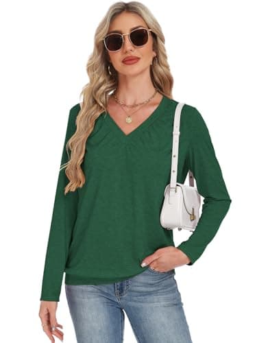 Long Sleeve Shirts for Women V Neck Casual Tops Women Long Sleeve Tops Basic T Shirts Outfits Womens Clothes 2025 (US, Alpha, X-Large, Regular, Regular, Forest Green) - Thumbnail 2