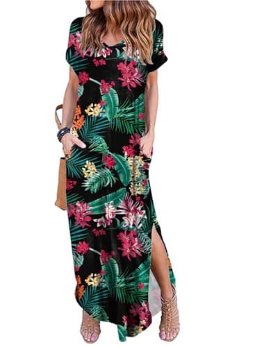 Arolina Women Summer Maxi Dress Short Sleeve V Neck Casual Loose Long Split Dresses Beach Vacation Sundress with Pockets - Image 1