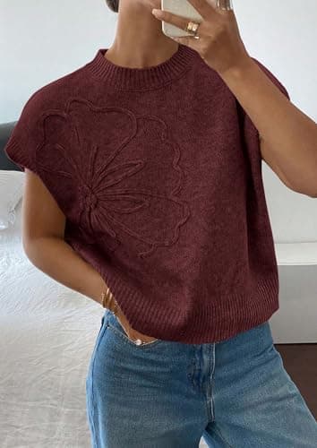 PRETTYGARDEN Women's 2026 Spring Sweater Vest Trendy Flower Knit Short Sleeve Cute Pullover Tank Tops Summer Fashion Clothing (Red Brown,Medium) - Thumbnail 3