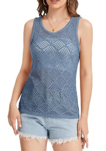 Bosmeer Womens Tops Sleeveless Cropped Crochet Sweaters Vest Summer Sexy Coverups Tropical Vacation Outfits for Women Blue Large - Thumbnail 3