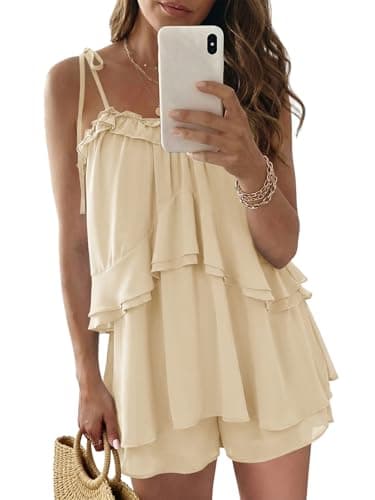 Wenrine Womens Summer Romper Dress Chiffon Spaghetti Strap Sleeveless Ruffle Tiered Short Jumpsuits Beach Vacation Rompers Apricot - Image 1