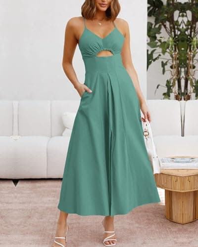 BTFBM Women 2026 Spaghetti Strap Midi Summer Dresses Sleeveless V Neck Cutout Slit Casual Beach Party Maxi Dress Pockets(Grey Green, XX-Large) - Thumbnail 3