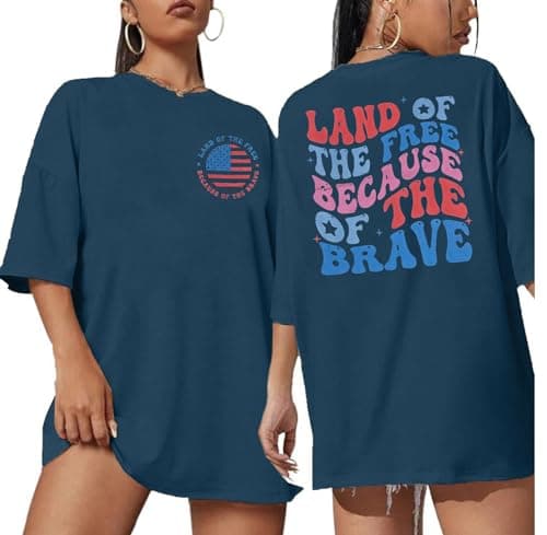 America Shirts for Women Land of The Free Because of The Brave Shirt USA Patriotic Tee 4th of July Outfit Oversized T-Shirt Dark Blue - Image 1