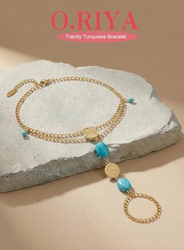 Turquoise Bracelet for Women, 14K Gold Plated Adjustable Stackable Boho Hand Chains - Healing Stone Jewelry Gift for Her, Christmas, Birthday, Dainty Southwest Everyday Good Luck Charm - Thumbnail 5