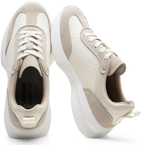 Vepose Women's Fashion Sneakers 2026, 8216 Beige Pu Lightweight Lace-up Arch Support Memory Foam Comfortable Wide Toe Box Breathable Casual Trainers, Size 6.5(CJY8216 Beige pu 06.5) - Image 1