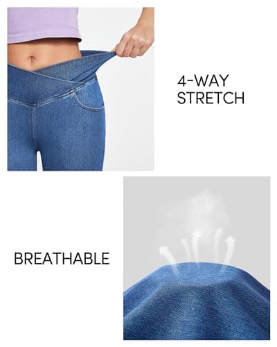 IUGA Stretchy Jeans for Women Bell Bottom Jeans V Cross High Waisted Jeggings Pull On Wide Leg Sweatpant Jean Flare Leggings(Stormy Blue, Medium) - Thumbnail 5