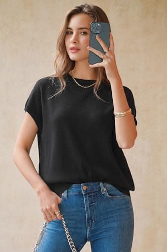 Arach&Cloz Womens Spring Summer Short Sleeve Oversized Sweaters Cashmere Lightweight Crew Neck Business Casual Clothing Work Blouse Tops Dressly Capsule Wardrobe Teacher Outfits Trendy Black XXL - Thumbnail 3