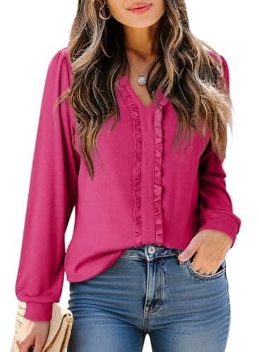 Dokotoo Cute Ruffle Trim Blouses Women Long Sleeve V Neck Tunic Tops for Leggings and Jeans Hot Pink Tops M - Image 1