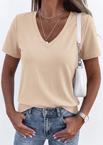 KIRUNDO V Neck T Shirts for Women Summer Tops Oversized Spring Short Sleeve Casual Basic Tees Tunic Blouse Fashion Clothing(Beige Apricot, X-Large) - Thumbnail 4