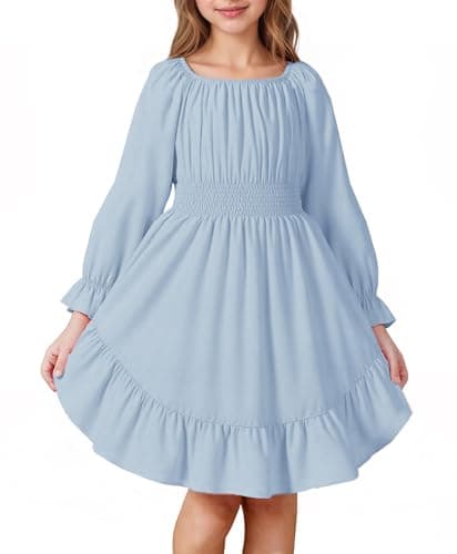 JiAmy Girls Dress Kids Fall Puff Long Sleeve Smocked Ruffle Tiered Off Shoulder Dresses Blue 11-12Y - Image 1