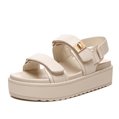 Rihero Women's Comfortable Open Toe Platform Sandals Fashion One Band Summer Dressy Flatform Sandals, Nude, Size 10, AD02852 - Image 1