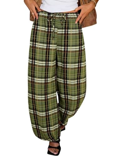 Tankaneo Womens Checkered Pants Baggy Balloon Plaid Harem Pants Casual Drawstring Wide Leg Trousers with Pockets Green - Image 1