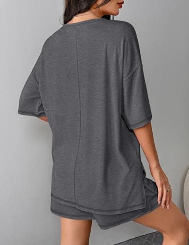 Ekouaer Lounge Sets for Women 2 Piece Shorts Sets Moisture Wicking Casual Summer Short Sleeve Matching Outfits with Pockets - Thumbnail 5