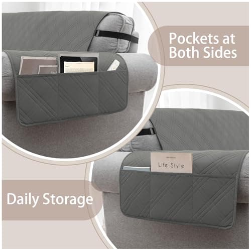 Eusalioy 100% Waterproof Couch Cover for Dogs, Washable Anti-Slip Sofa Cover with Elastic Straps & Side Pockets, Quilted Furniture Protector for Kids & Pets (3 Cushion 68", Dark Grey) - Thumbnail 3