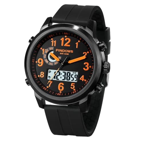 PINDOWS Watches for Men, 30M Waterproof Military Digital Analog Outdoor Sport Watch Multifunctional Wristwatch with Dual Time LED Backlight Alarm Stopwatch Calendar - Image 1