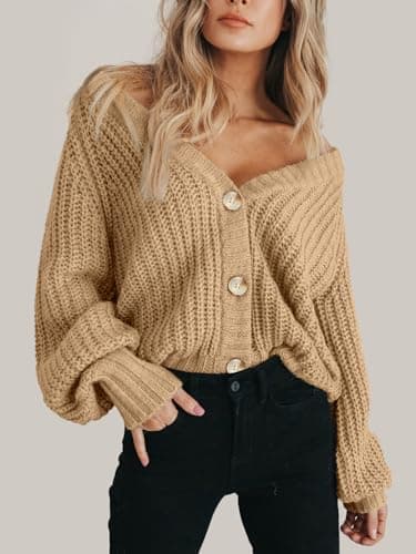 PRETTYGARDEN Women's Long Sleeve Plain Button Down Sweater Classic V-Neck Knit Cardigan Open Loose Outwear Coats (Khaki,Small) - Thumbnail 3